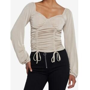 Beige Scrunch Tie Long Sleeve Crop Top